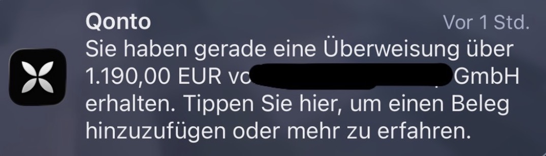 Qonto Überweisung 1.190 EUR